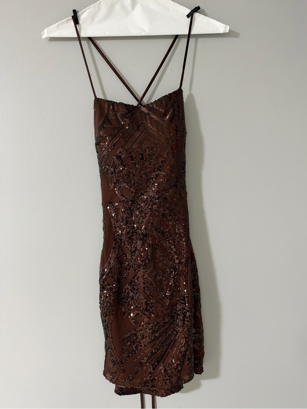 Brown Sequin Slip Mini Dress with Cross-Strap Corset Back